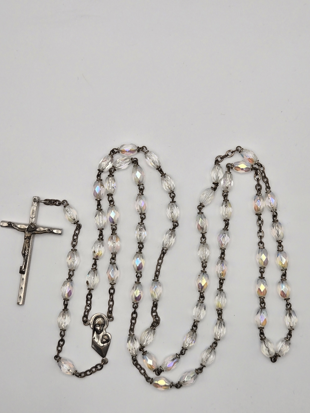 Vintage Crystal Bead Rosary- White Iridescent